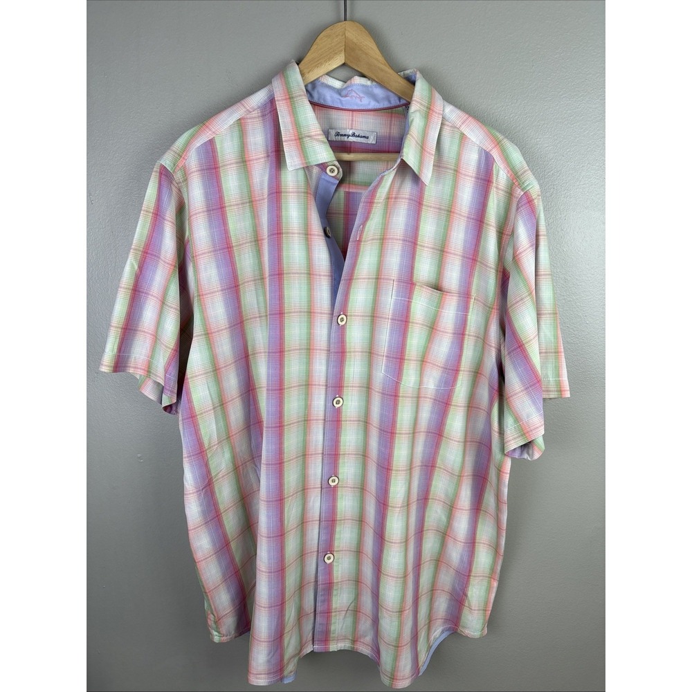 Tommy Bahama 100% Silk Plaid Checked Shirt Short Sleeve Men's Size XL Colorful